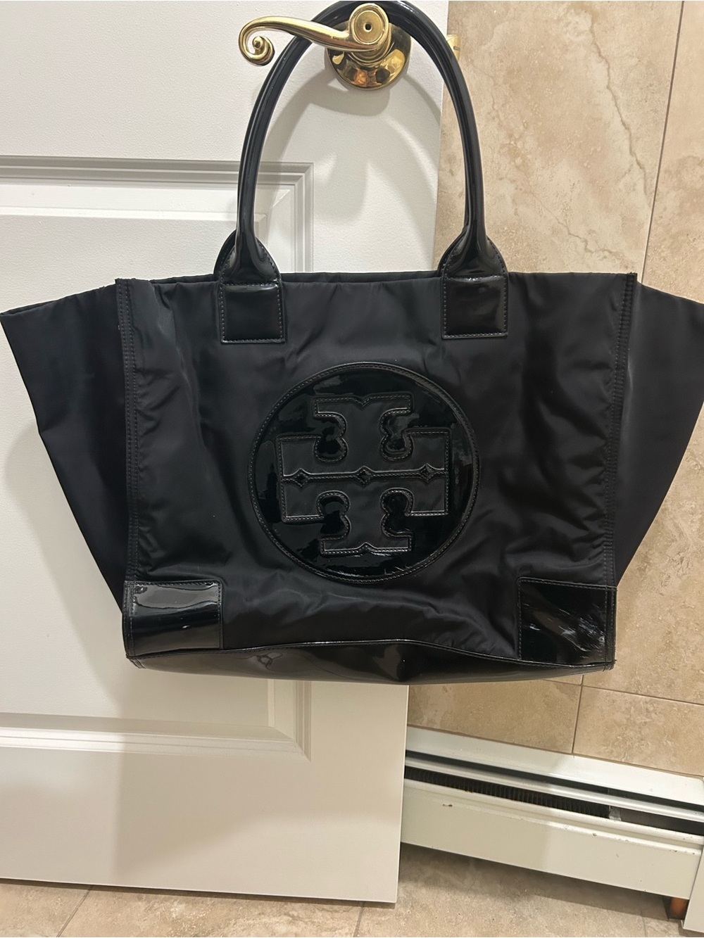 Tory Burch Ella Black Nylon Tote with Patent Trim - Picture 2 of 14